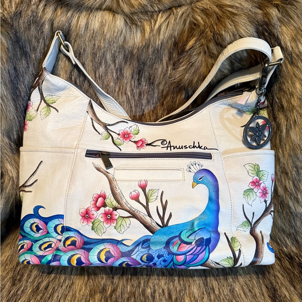 Annuschka Hand Painted Leather Hobo/Color Peacocks NWOT